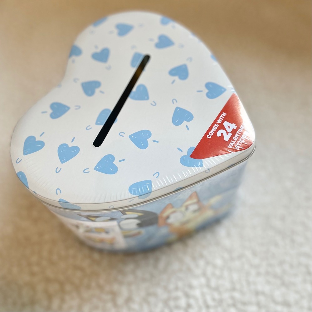 Bluey Bingo Heart Tin Piggy Bank with 24 Valentine Stickers Blue Metal Box Kids‎